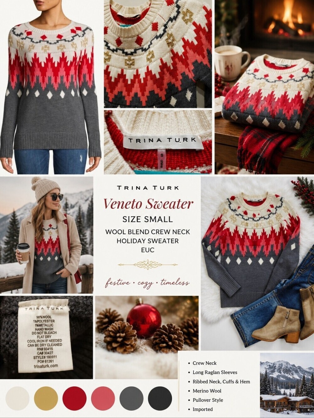 Sz Small Trina Turk Veneto Wool Blend Crew Neck Holiday Sweater EUC